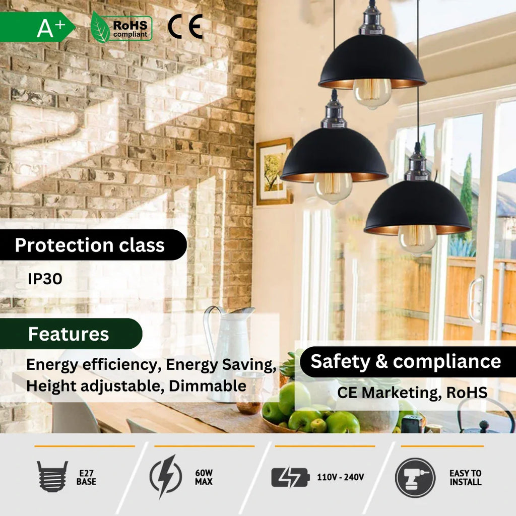 Black 3 Head Vintage Adjustable Hanging Ceiling Pendant Light E27~1597-2